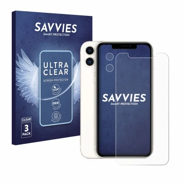 Vorderseite einer Produktverpackung mit dem Markenlogo Savvies. Daneben ist das Gerät Apple iPhone 11 (Display+Kamera) mit dem