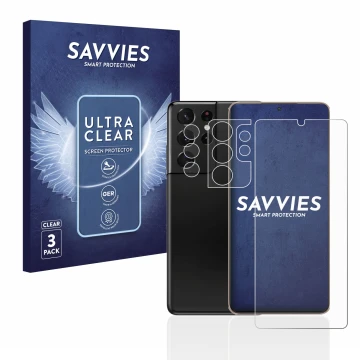 Vorderseite einer Produktverpackung mit dem Markenlogo Savvies. Daneben ist das Gerät Samsung Galaxy S21 Ultra 5G (Display+Kam