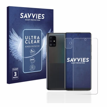 Vorderseite einer Produktverpackung mit dem Markenlogo Savvies. Daneben ist das Gerät Samsung Galaxy A51 5G (Display+Kamera) m