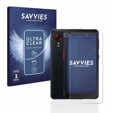 Vorderseite einer Produktverpackung mit dem Markenlogo Savvies. Daneben ist das Gerät Samsung Galaxy XCover 5 (Display+Kamera)