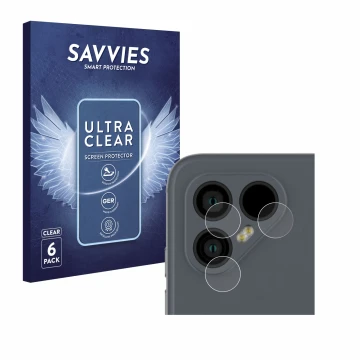 Vorderseite einer Produktverpackung mit dem Markenlogo Savvies. Daneben ist das Gerät Fairphone 4 (NUR Kameraschutz) mit dem z