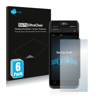 Vorderseite einer Produktverpackung mit dem Markenlogo Savvies. Daneben ist das Gerät ingenico Apos A8 mit dem zugehörigen Dis