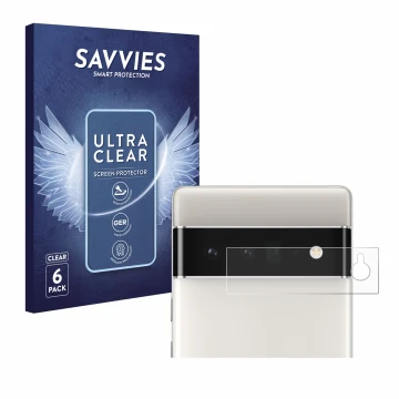 Vorderseite einer Produktverpackung mit dem Markenlogo Savvies. Daneben ist das Gerät Google Pixel 6 Pro (NUR Kameraschutz) mi