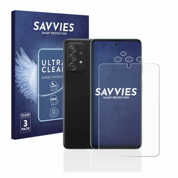 Vorderseite einer Produktverpackung mit dem Markenlogo Savvies. Daneben ist das Gerät Samsung Galaxy A52s 5G (Display+Kamera) 