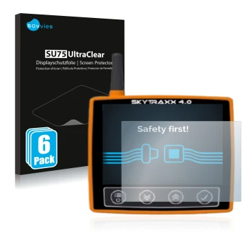 Vorderseite einer Produktverpackung mit dem Markenlogo Savvies. Daneben ist das Gerät Skytraxx 4.0 mit dem zugehörigen Display