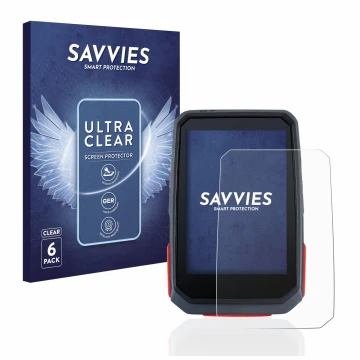 Vorderseite einer Produktverpackung mit dem Markenlogo Savvies. Daneben ist das Gerät Sigma ROX 4.0 mit dem zugehörigen Displa