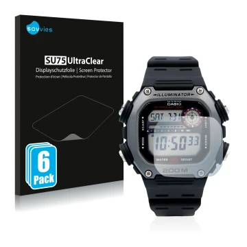 Vorderseite einer Produktverpackung mit dem Markenlogo Savvies. Daneben ist das Gerät Casio DW-291H mit dem zugehörigen Displa