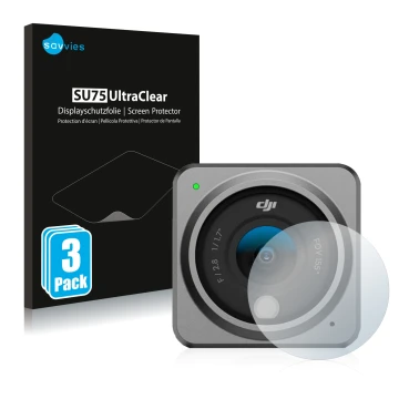 Vorderseite einer Produktverpackung mit dem Markenlogo Savvies. Daneben ist das Gerät DJI Action 2 Linse (Gehäuse) mit dem zug