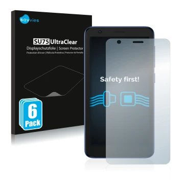 Vorderseite einer Produktverpackung mit dem Markenlogo Savvies. Daneben ist das Gerät ZTE Blade L9 mit dem zugehörigen Display