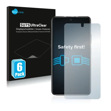 Vorderseite einer Produktverpackung mit dem Markenlogo Savvies. Daneben ist das Gerät Xiaomi Poco M4 Pro 5G mit dem zugehörige