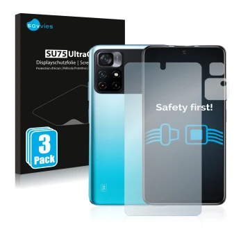 Vorderseite einer Produktverpackung mit dem Markenlogo Savvies. Daneben ist das Gerät Xiaomi Poco M4 Pro 5G (Display+Kamera) m