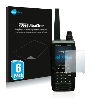 Vorderseite einer Produktverpackung mit dem Markenlogo Savvies. Daneben ist das Gerät Aor AR-DV10 mit dem zugehörigen Displays