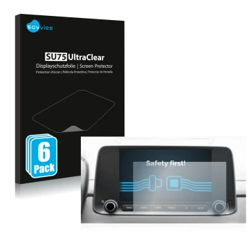 Vorderseite einer Produktverpackung mit dem Markenlogo Savvies. Daneben ist das Gerät Hyundai Kona 2021 Infotainment System 8