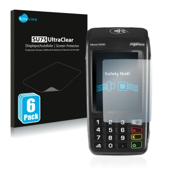 Vorderseite einer Produktverpackung mit dem Markenlogo Savvies. Daneben ist das Gerät ingenico Move 5000 mit dem zugehörigen D