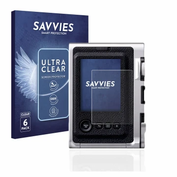 Vorderseite einer Produktverpackung mit dem Markenlogo Savvies. Daneben ist das Gerät Fujifilm Instax Mini Evo mit dem zugehör
