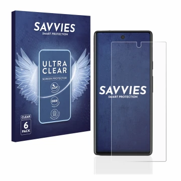 Vorderseite einer Produktverpackung mit dem Markenlogo Savvies. Daneben ist das Gerät Google Pixel 6a mit dem zugehörigen Disp