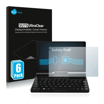 Vorderseite einer Produktverpackung mit dem Markenlogo Savvies. Daneben ist das Gerät GPD Pocket 3 mit dem zugehörigen Display