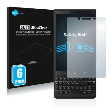 Vorderseite einer Produktverpackung mit dem Markenlogo Savvies. Daneben ist das Gerät BlackBerry Key2 (Dual Sim) mit dem zugeh