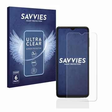 Vorderseite einer Produktverpackung mit dem Markenlogo Savvies. Daneben ist das Gerät Samsung Galaxy A13 5G mit dem zugehörige
