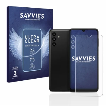 Vorderseite einer Produktverpackung mit dem Markenlogo Savvies. Daneben ist das Gerät Samsung Galaxy A13 5G (Display+Kamera) m