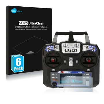 Vorderseite einer Produktverpackung mit dem Markenlogo Savvies. Daneben ist das Gerät FlySky FS-i6 mit dem zugehörigen Display