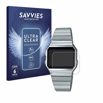 Vorderseite einer Produktverpackung mit dem Markenlogo Savvies. Daneben ist das Gerät Casio A700WE mit dem zugehörigen Display