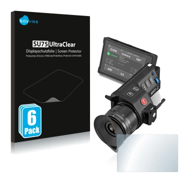 Vorderseite einer Produktverpackung mit dem Markenlogo Savvies. Daneben ist das Gerät Arri MVF-2 mit dem zugehörigen Displaysc