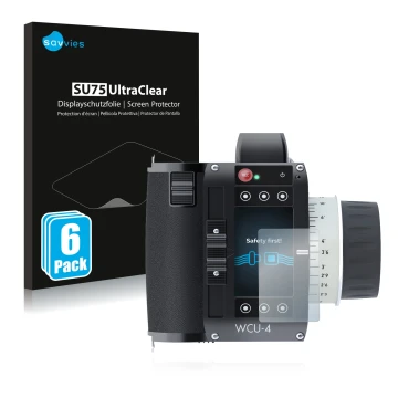 Vorderseite einer Produktverpackung mit dem Markenlogo Savvies. Daneben ist das Gerät Arri WCU-4 mit dem zugehörigen Displaysc