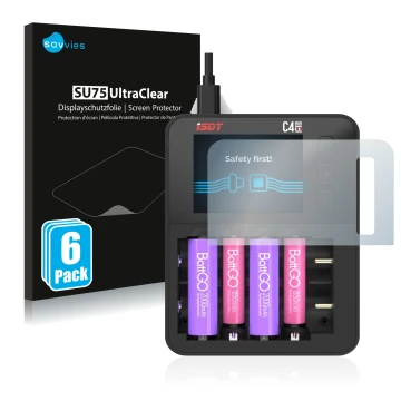 Vorderseite einer Produktverpackung mit dem Markenlogo Savvies. Daneben ist das Gerät ISDT C4 Evo mit dem zugehörigen Displays