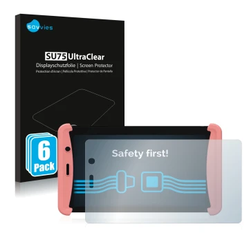 Vorderseite einer Produktverpackung mit dem Markenlogo Savvies. Daneben ist das Gerät Kurio Tab Lite 2 mit dem zugehörigen Dis