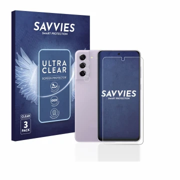 Vorderseite einer Produktverpackung mit dem Markenlogo Savvies. Daneben ist das Gerät Samsung Galaxy S21 FE 5G (Display+Kamera