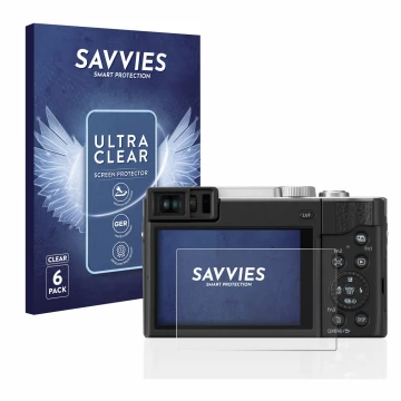 Vorderseite einer Produktverpackung mit dem Markenlogo Savvies. Daneben ist das Gerät Panasonic Lumix DC-TZ95 mit dem zugehöri