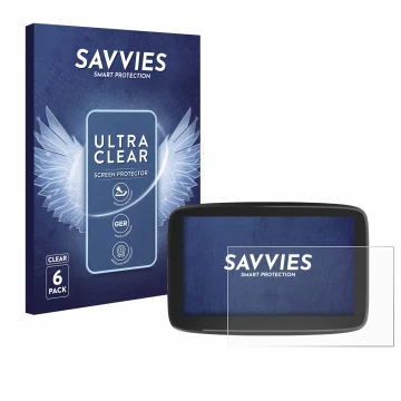 Vorderseite einer Produktverpackung mit dem Markenlogo Savvies. Daneben ist das Gerät TomTom GO Classic 6