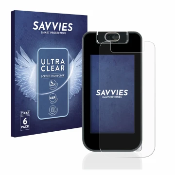 Vorderseite einer Produktverpackung mit dem Markenlogo Savvies. Daneben ist das Gerät Vtech Kidicom Advance 3.0 mit dem zugehö