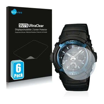 Vorderseite einer Produktverpackung mit dem Markenlogo Savvies. Daneben ist das Gerät Casio AWG M100 mit dem zugehörigen Displ