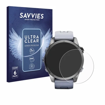 Vorderseite einer Produktverpackung mit dem Markenlogo Savvies. Daneben ist das Gerät Garmin Fenix 7S (42 mm) mit dem zugehöri