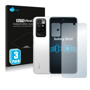 Vorderseite einer Produktverpackung mit dem Markenlogo Savvies. Daneben ist das Gerät Xiaomi Redmi 10 (Display+Kamera) mit dem