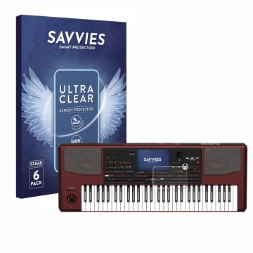 Vorderseite einer Produktverpackung mit dem Markenlogo Savvies. Daneben ist das Gerät KORG Pa1000 mit dem zugehörigen Displays