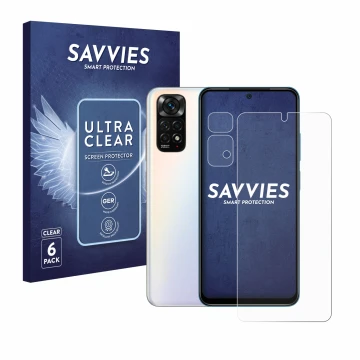 Vorderseite einer Produktverpackung mit dem Markenlogo Savvies. Daneben ist das Gerät Xiaomi Redmi Note 11S (Display+Kamera) m