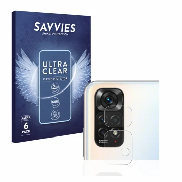 Vorderseite einer Produktverpackung mit dem Markenlogo Savvies. Daneben ist das Gerät Xiaomi Redmi Note 11S (NUR Kameraschutz)