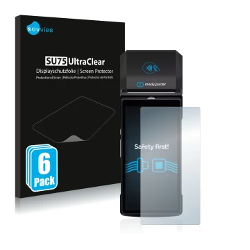 Vorderseite einer Produktverpackung mit dem Markenlogo Savvies. Daneben ist das Gerät Ready2order ReadyGo mit dem zugehörigen 