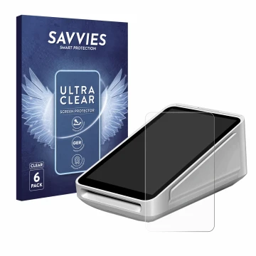 Vorderseite einer Produktverpackung mit dem Markenlogo Savvies. Daneben ist das Gerät Square Terminal mit dem zugehörigen Disp