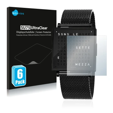 Vorderseite einer Produktverpackung mit dem Markenlogo Savvies. Daneben ist das Gerät Qlocktwo W35 mit dem zugehörigen Display