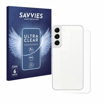 Vorderseite einer Produktverpackung mit dem Markenlogo Savvies. Daneben ist das Gerät Samsung Galaxy S22 5G (Rückseite) mit de