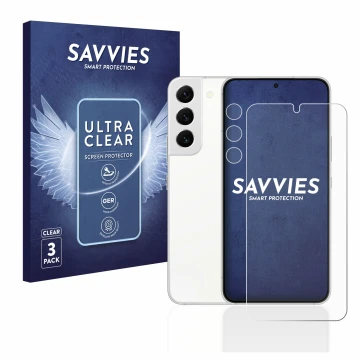 Vorderseite einer Produktverpackung mit dem Markenlogo Savvies. Daneben ist das Gerät Samsung Galaxy S22 5G (Display+Kamera) m