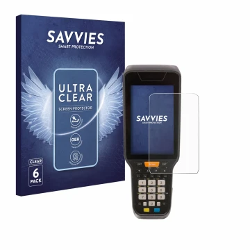 Vorderseite einer Produktverpackung mit dem Markenlogo Savvies. Daneben ist das Gerät Datalogic Skorpio X5 mit dem zugehörigen