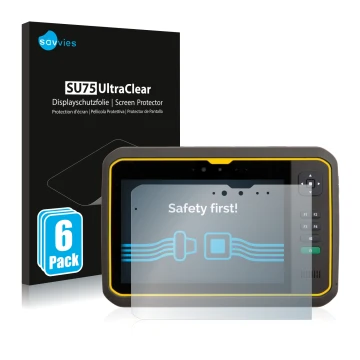 Vorderseite einer Produktverpackung mit dem Markenlogo Savvies. Daneben ist das Gerät Trimble T7 mit dem zugehörigen Displaysc