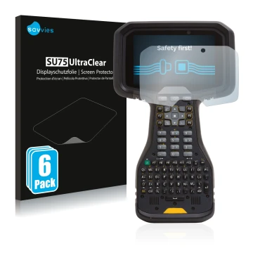 Vorderseite einer Produktverpackung mit dem Markenlogo Savvies. Daneben ist das Gerät Trimble TSC5 mit dem zugehörigen Display