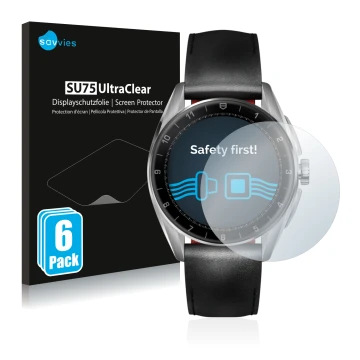 Vorderseite einer Produktverpackung mit dem Markenlogo Savvies. Daneben ist das Gerät TAG Heuer Connected Calibre E4 (42 mm) m