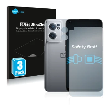 Vorderseite einer Produktverpackung mit dem Markenlogo Savvies. Daneben ist das Gerät OnePlus Nord CE 2 5G (Display+Kamera) mi